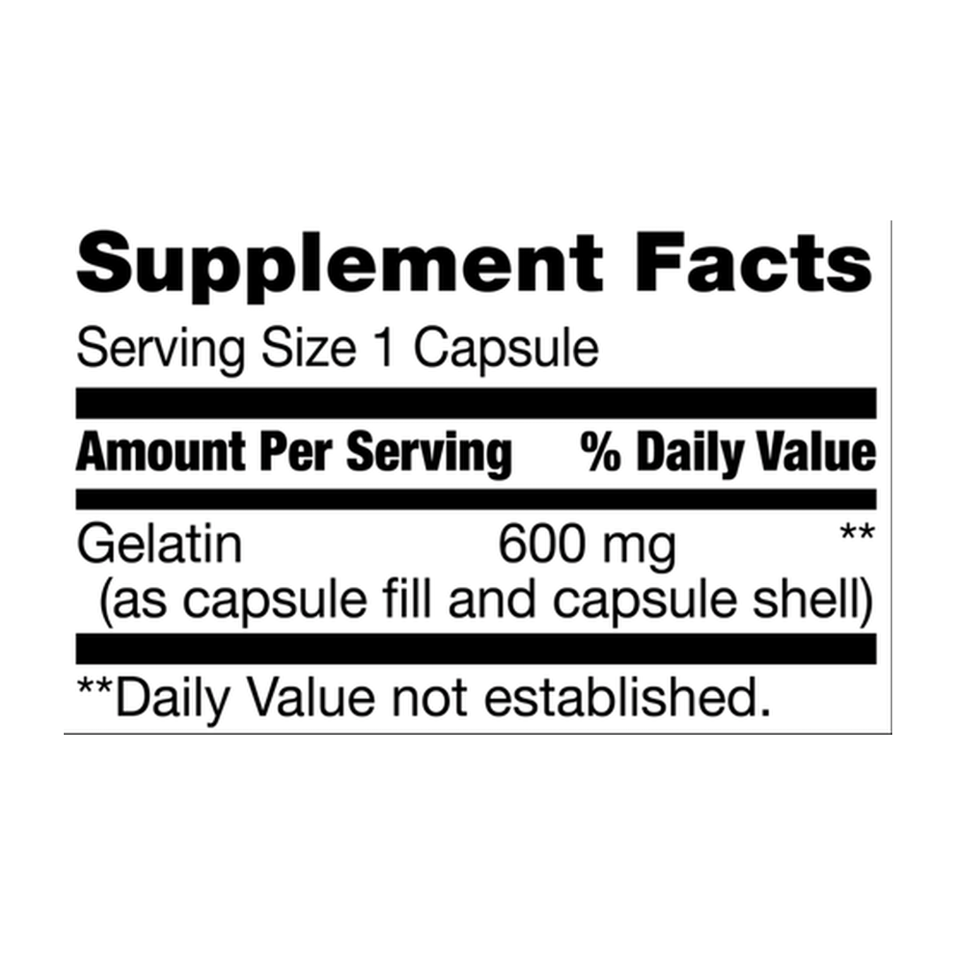21st Century, Gelatin, 600 mg, 100 Capsules supplement facts label showing ingredients, vitamins, minerals, and serving information