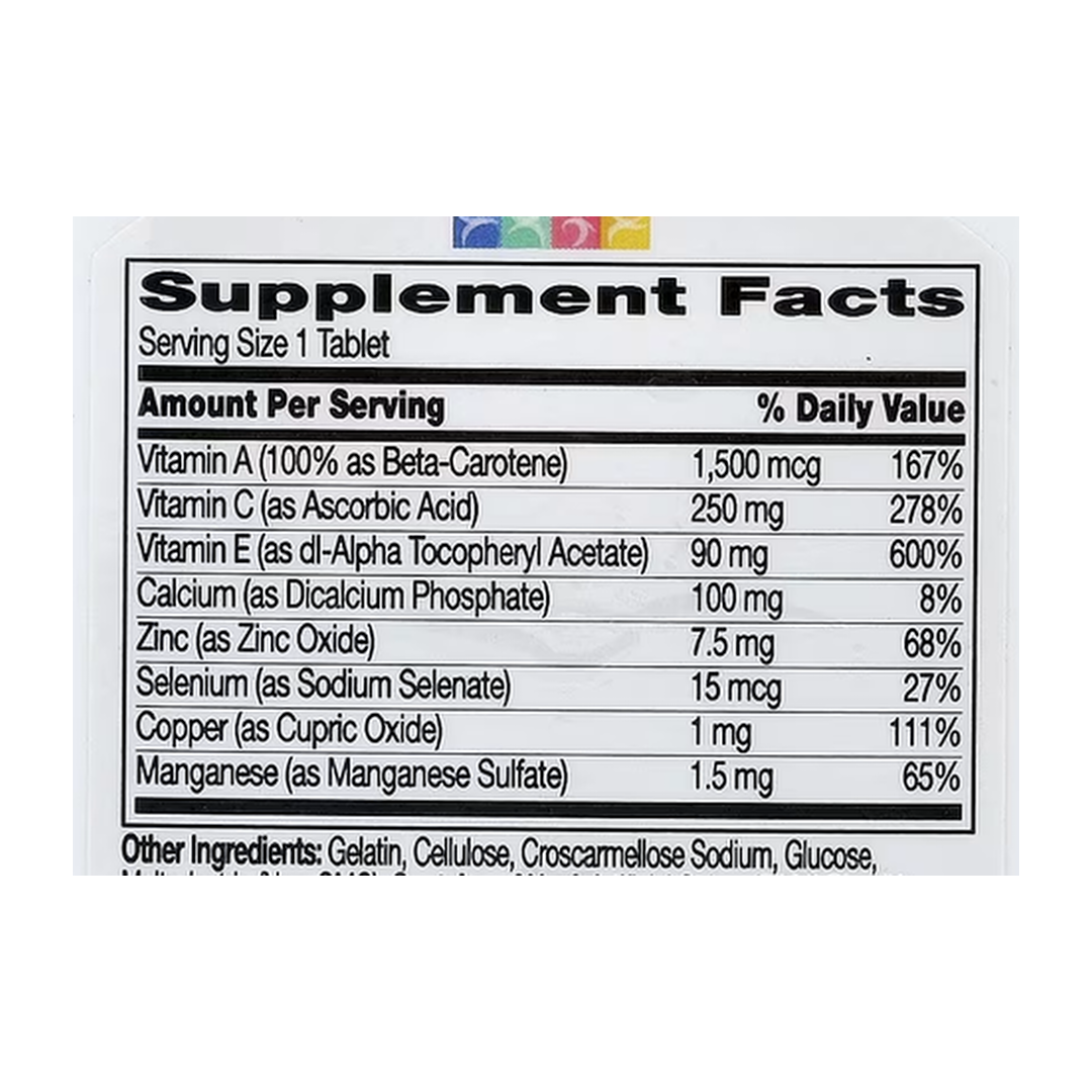 21st Century, Antioxidant, 75 Tablets supplement facts label showing ingredients, vitamins, minerals, and serving information
