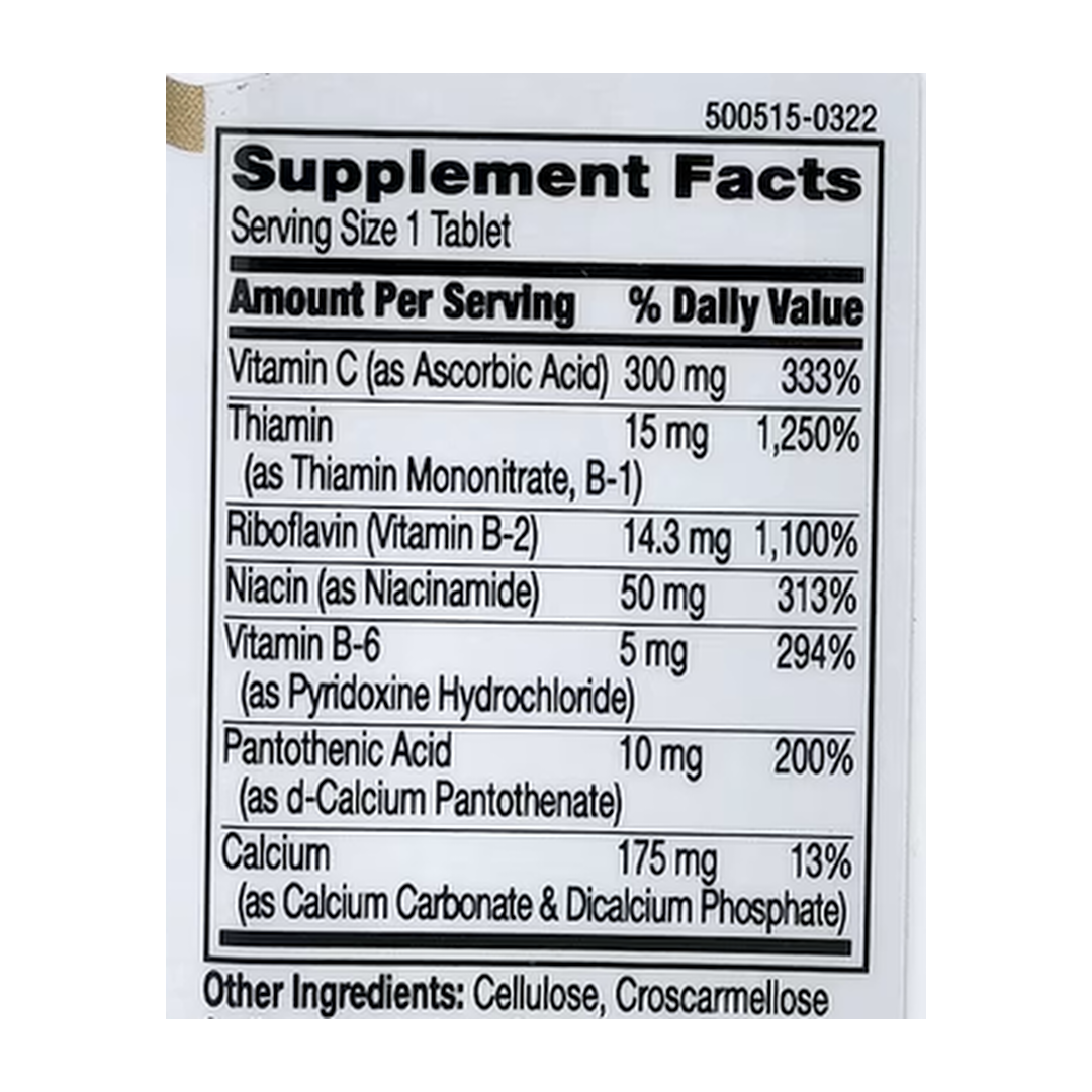 21st Century, B-Complex plus Vitamin C, 100 Tablets supplement facts label showing ingredients, vitamins, minerals, and serving information