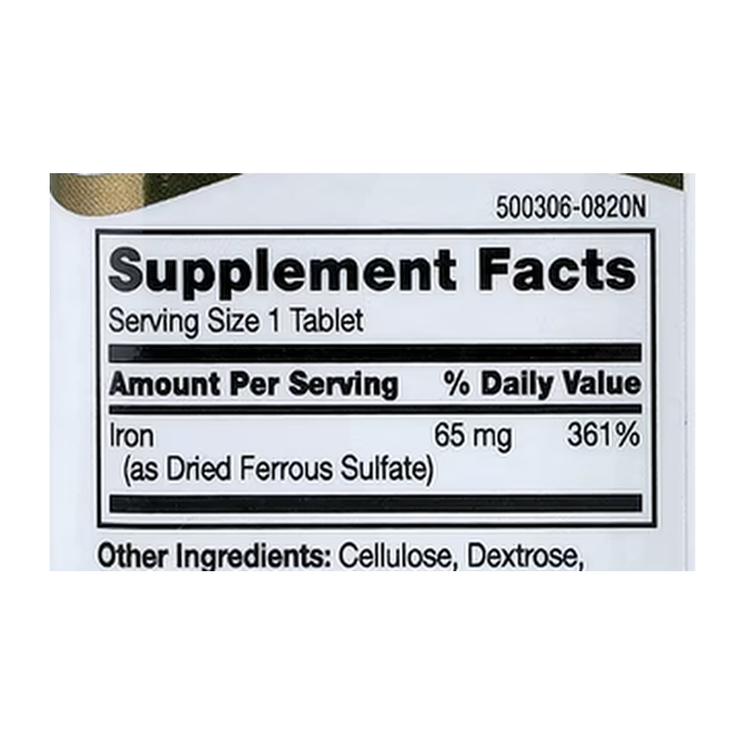 21st Century, Iron, 65 mg, 120 Tablets supplement facts label showing ingredients, vitamins, minerals, and serving information