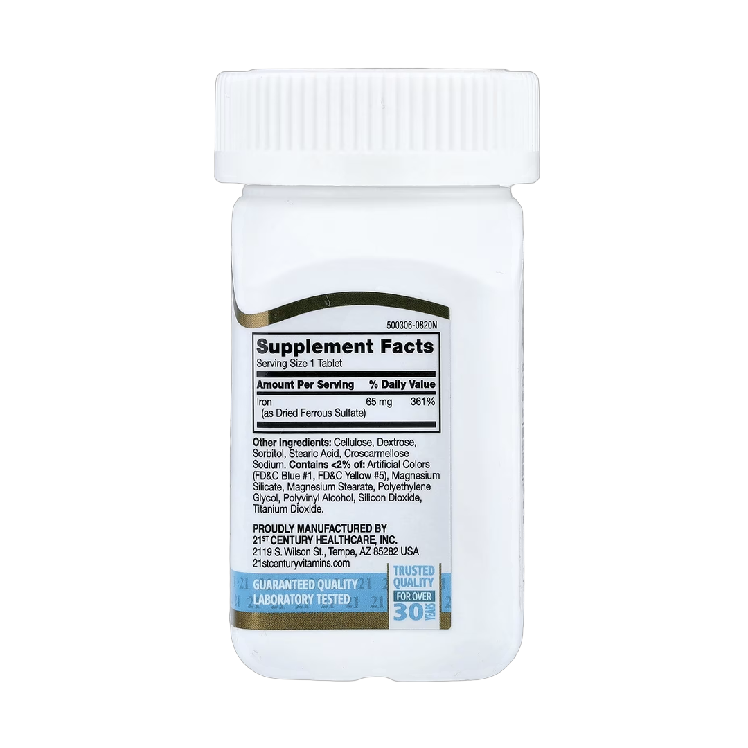 21st Century, Iron, 65 mg, 120 Tablets back packaging view
