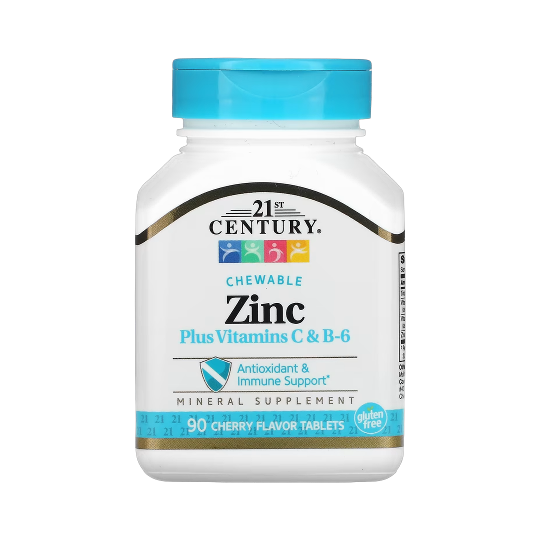 21st Century, Zinc Plus Vitamins C & B-6, Chewable, Cherry Flavor, 90 Tablets front packaging view