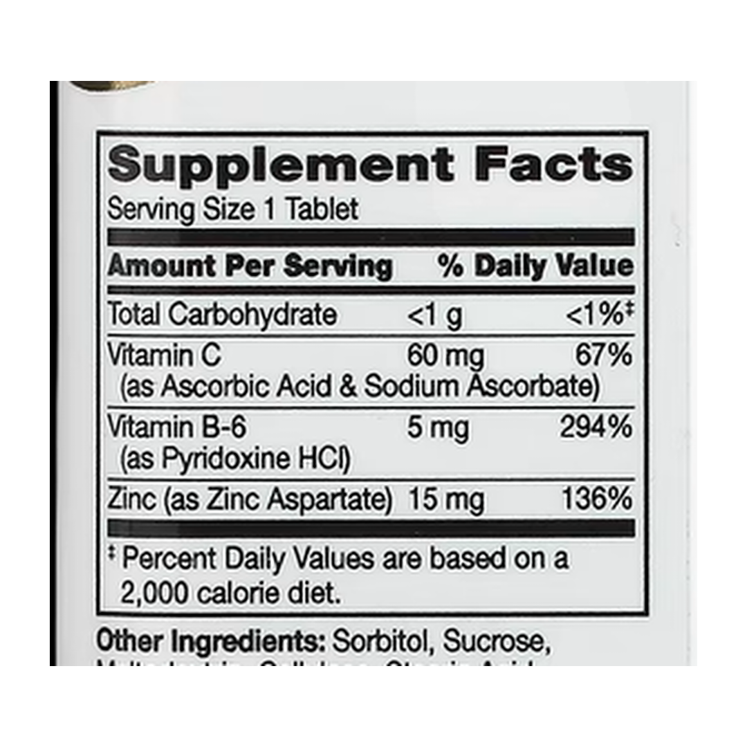 21st Century, Zinc Plus Vitamins C & B-6, Chewable, Cherry Flavor, 90 Tablets supplement facts label showing ingredients, vitamins, minerals, and serving information