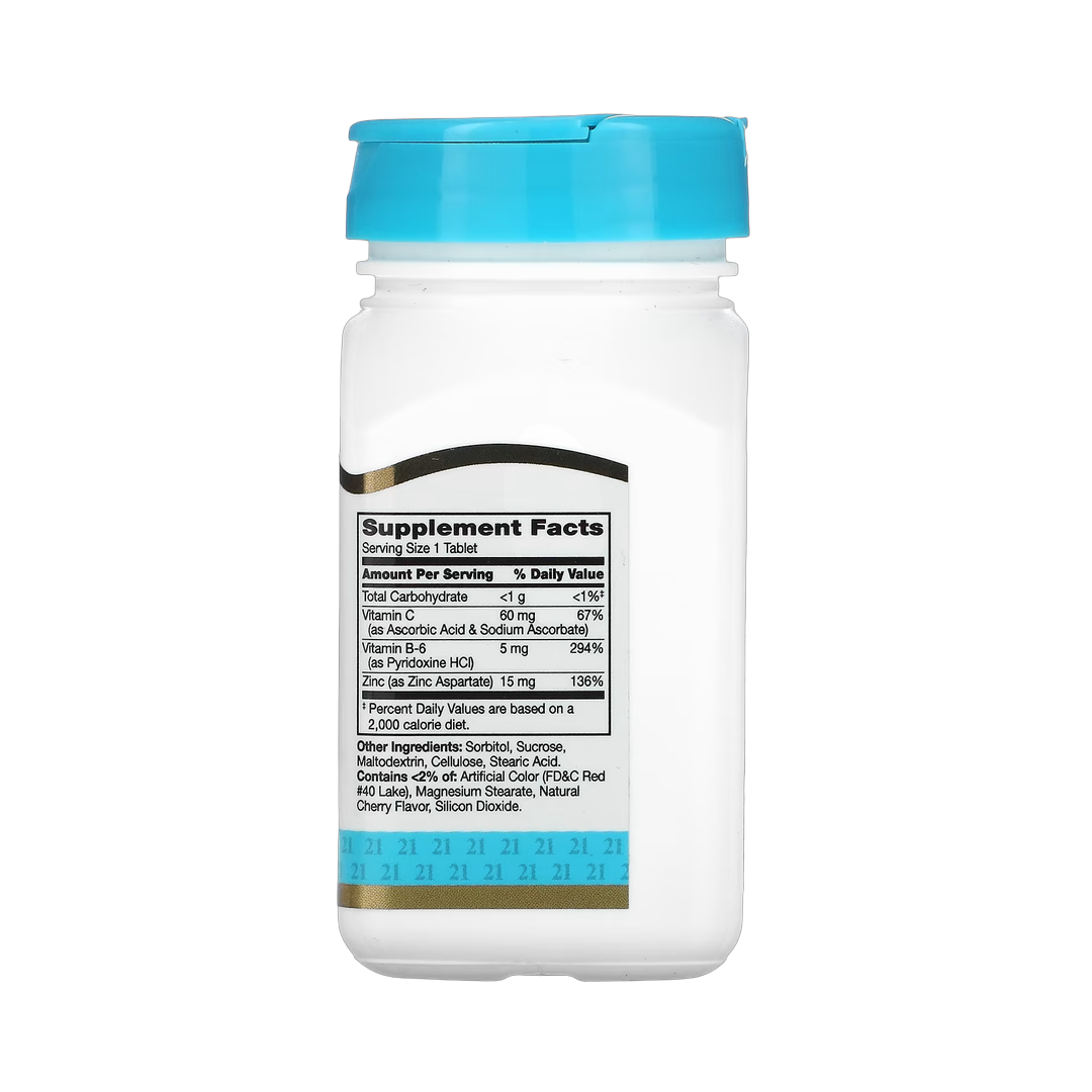 21st Century, Zinc Plus Vitamins C & B-6, Chewable, Cherry Flavor, 90 Tablets back packaging view