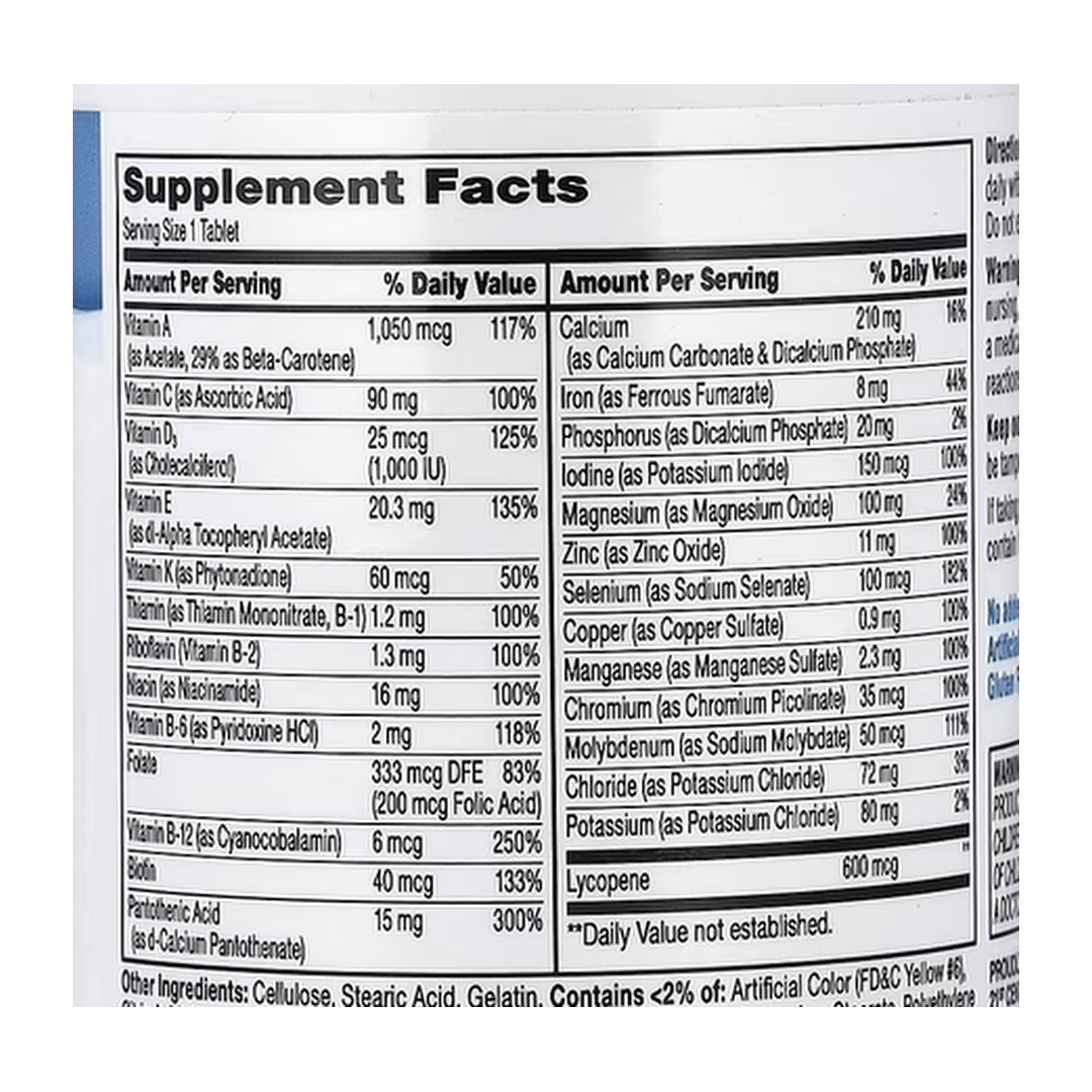 21st Century, Sentry Men, Multivitamin & Multimineral Supplement, 120 Tablets supplement facts label showing ingredients, vitamins, minerals, and serving information