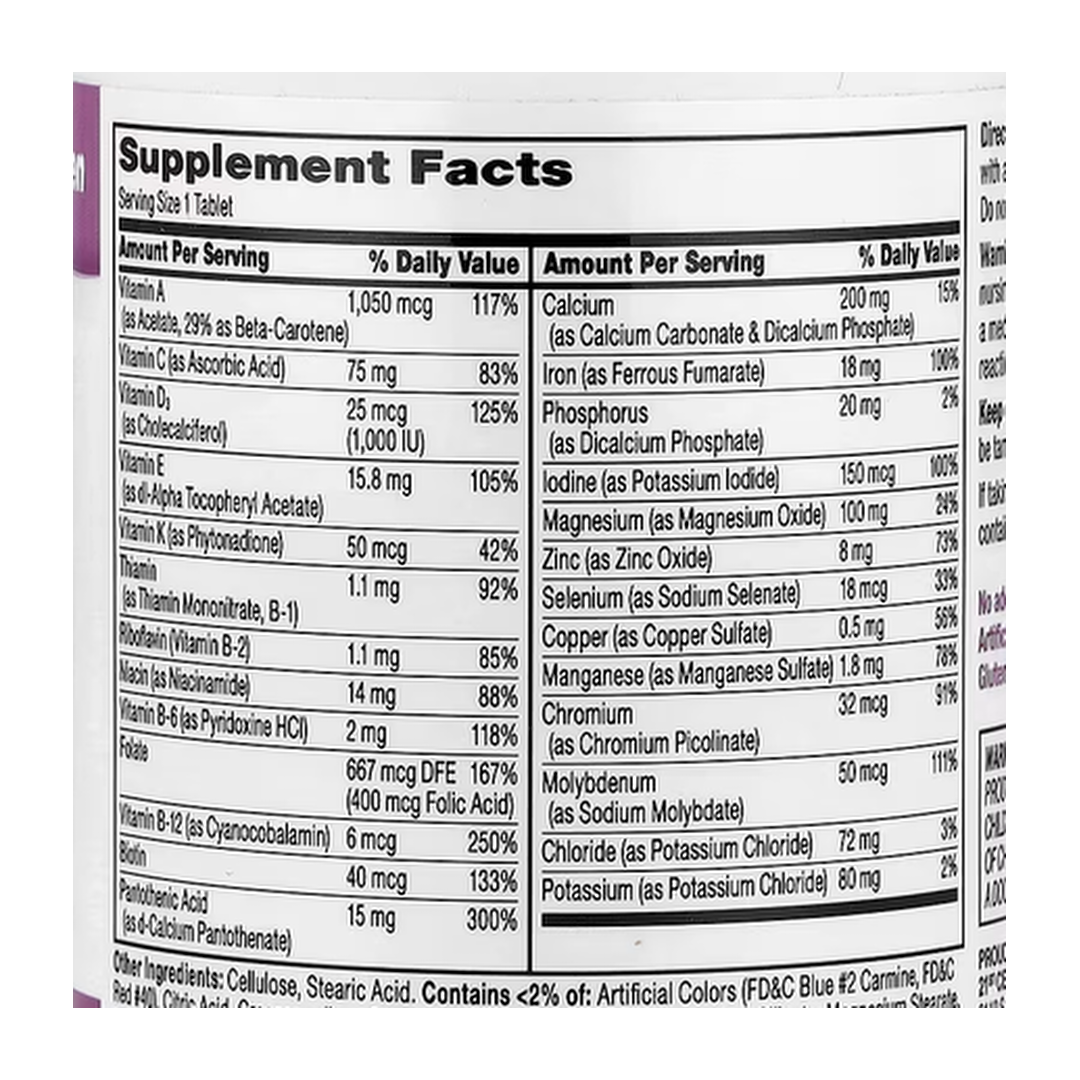 21st Century, Sentry Women, Multivitamin & Multimineral Supplement, 120 Tablets supplement facts label showing ingredients, vitamins, minerals, and serving information