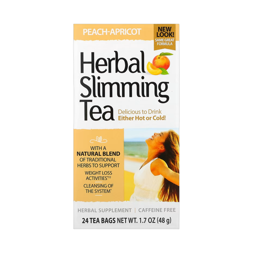 21st Century, Herbal Slimming Tea, Peach-Apricot, Caffeine Free, 24 Tea Bags, 1.7 oz, 48 g front packaging view