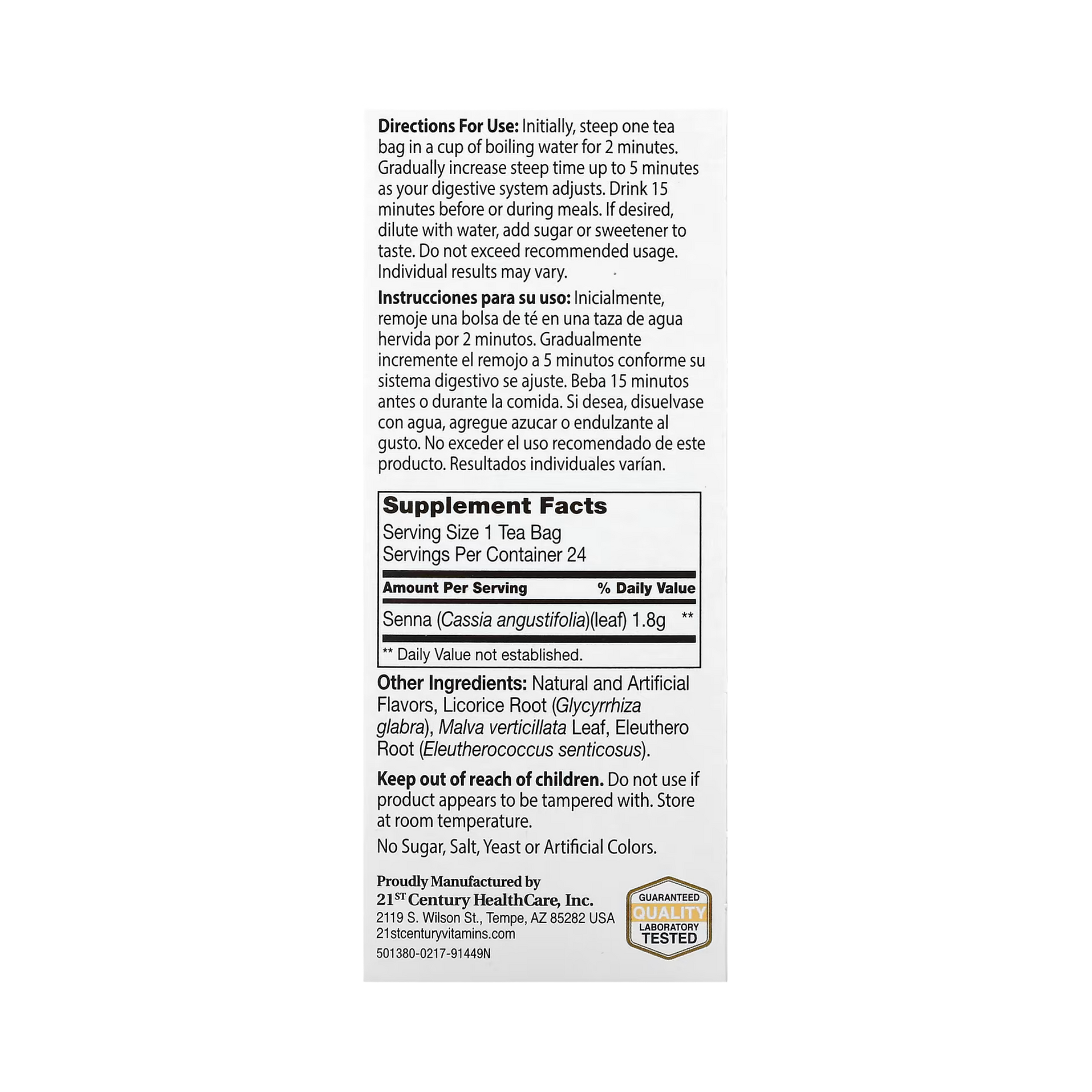 21st Century, Herbal Slimming Tea, Peach-Apricot, Caffeine Free, 24 Tea Bags, 1.7 oz, 48 g back packaging view