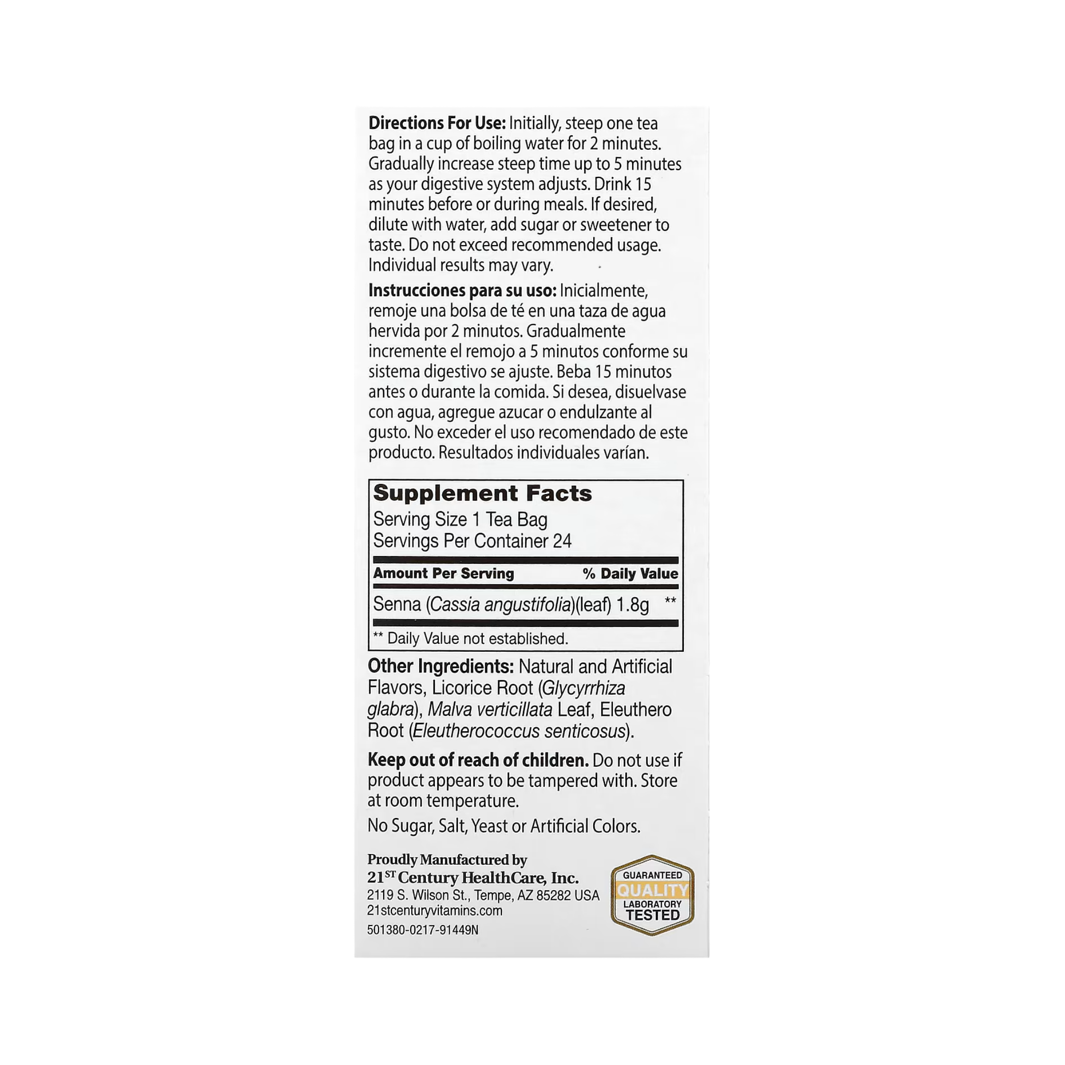 21st Century, Herbal Slimming Tea, Peach-Apricot, Caffeine Free, 24 Tea Bags, 1.7 oz, 48 g back packaging view