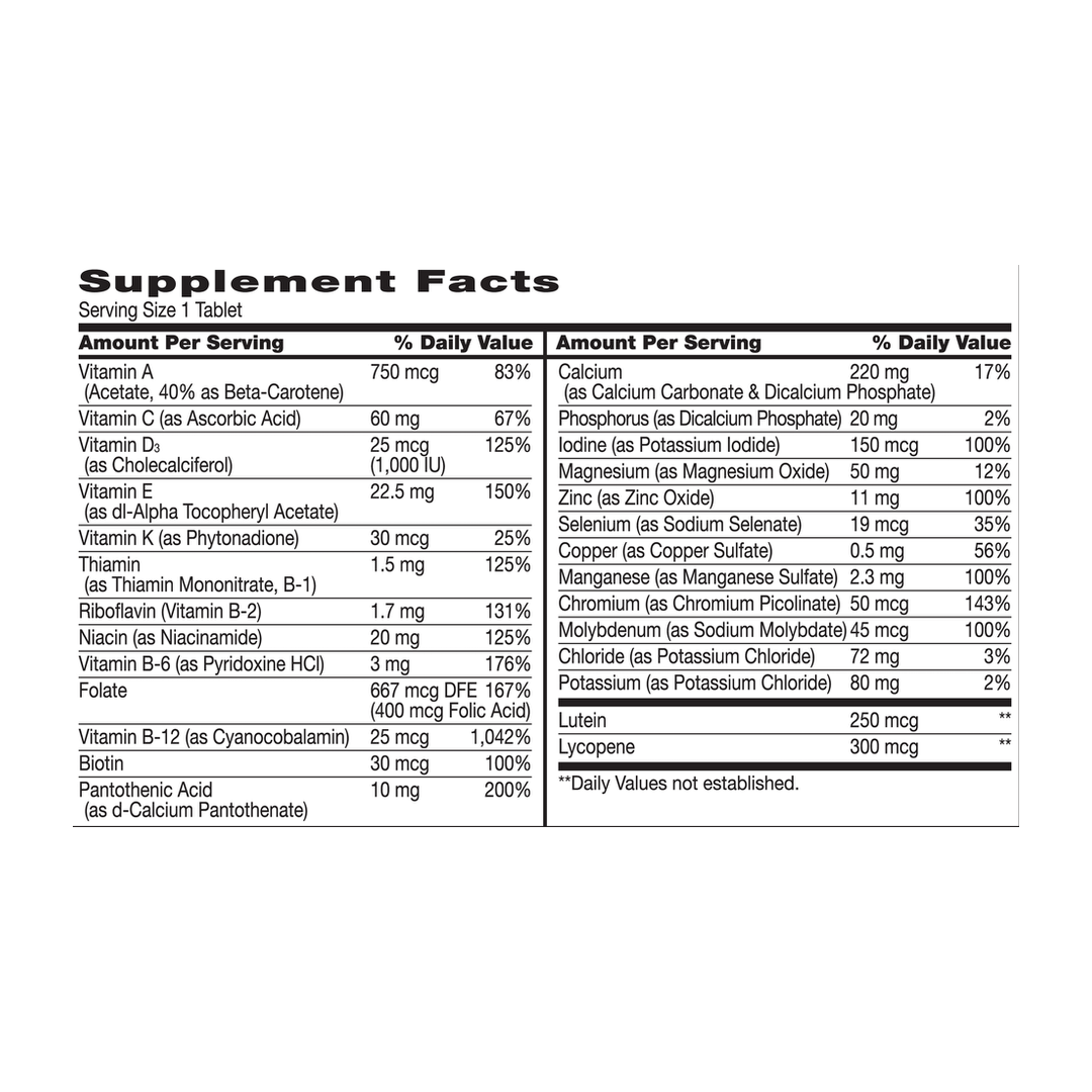 21st Century, Sentry Senior, Multivitamin & Multimineral Supplement, Adults 50+, 265 Tablets supplement facts label showing ingredients, vitamins, minerals, and serving information