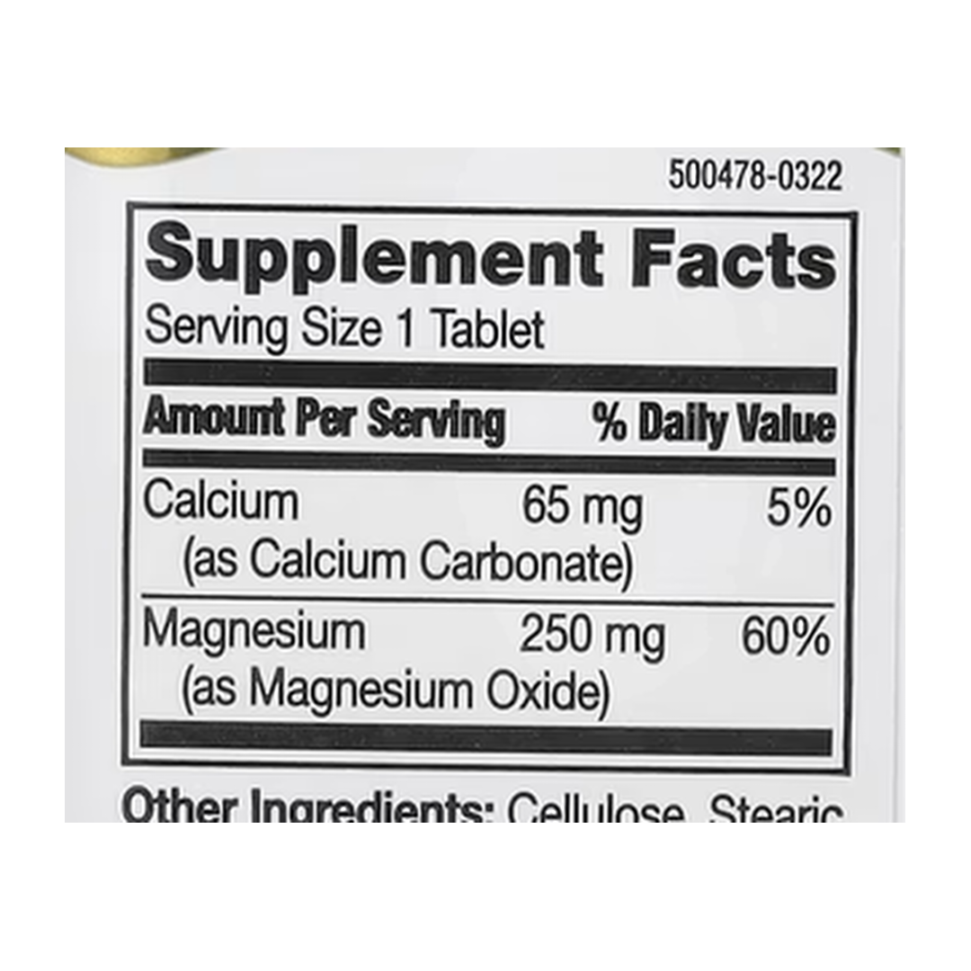 21st Century, Magnesium, 250 mg, 110 Tablets supplement facts label showing ingredients, vitamins, minerals, and serving information