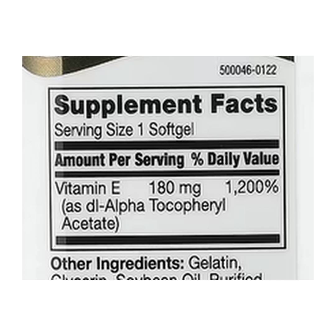 21st Century, Vitamin E, 180 mg (400 IU), 250 Softgels supplement facts label showing ingredients, vitamins, minerals, and serving information