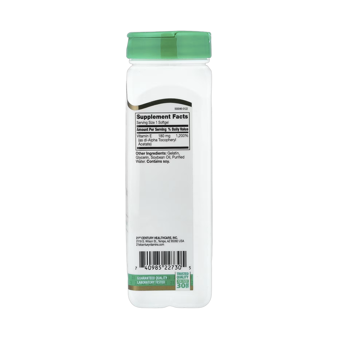 21st Century, Vitamin E, 180 mg (400 IU), 250 Softgels back packaging view