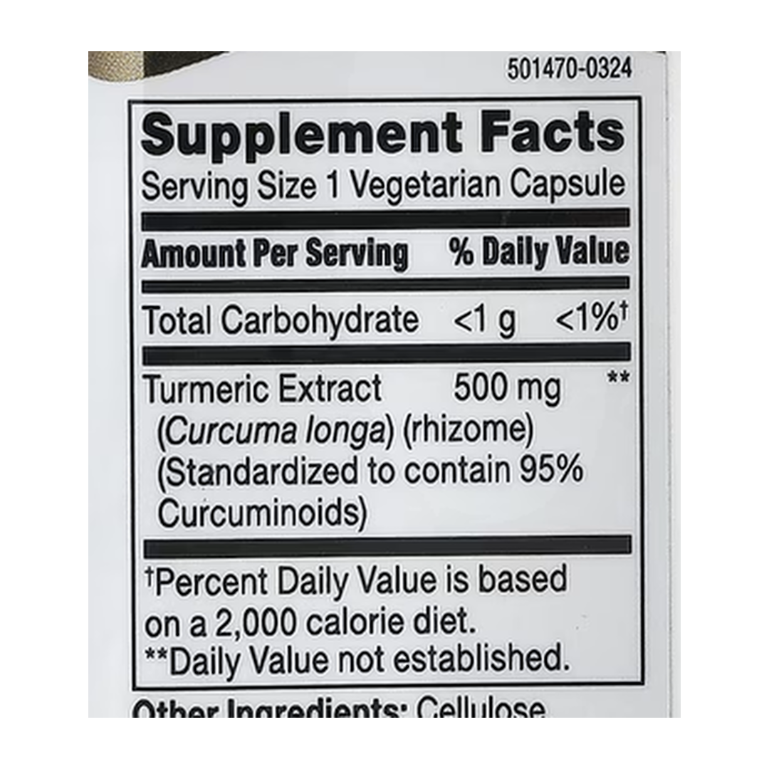 21st Century, Curcumin 95, 500 mg, 45 Vegetarian Capsules supplement facts label showing ingredients, vitamins, minerals, and serving information
