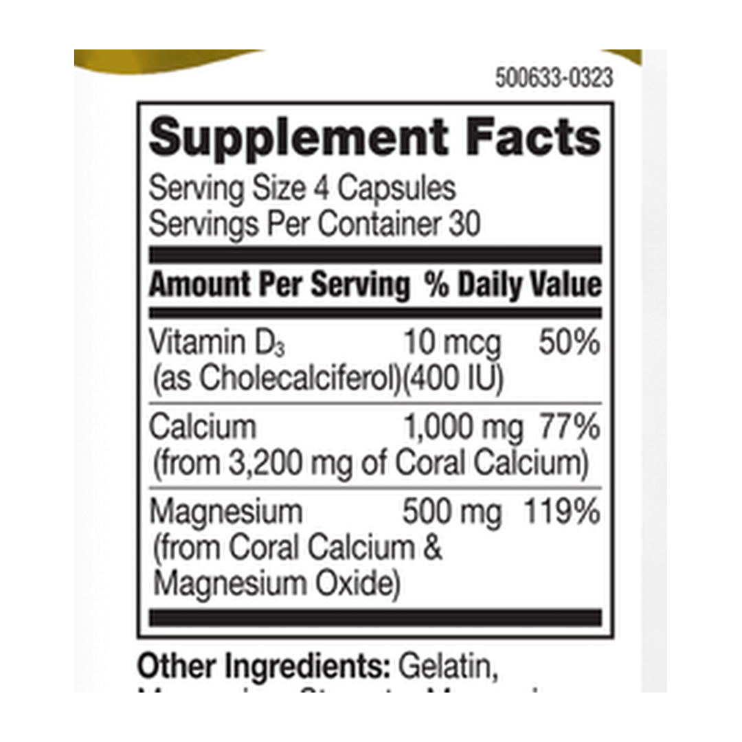 21st Century, Coral Calcium, 120 Capsules supplement facts label showing ingredients, vitamins, minerals, and serving information