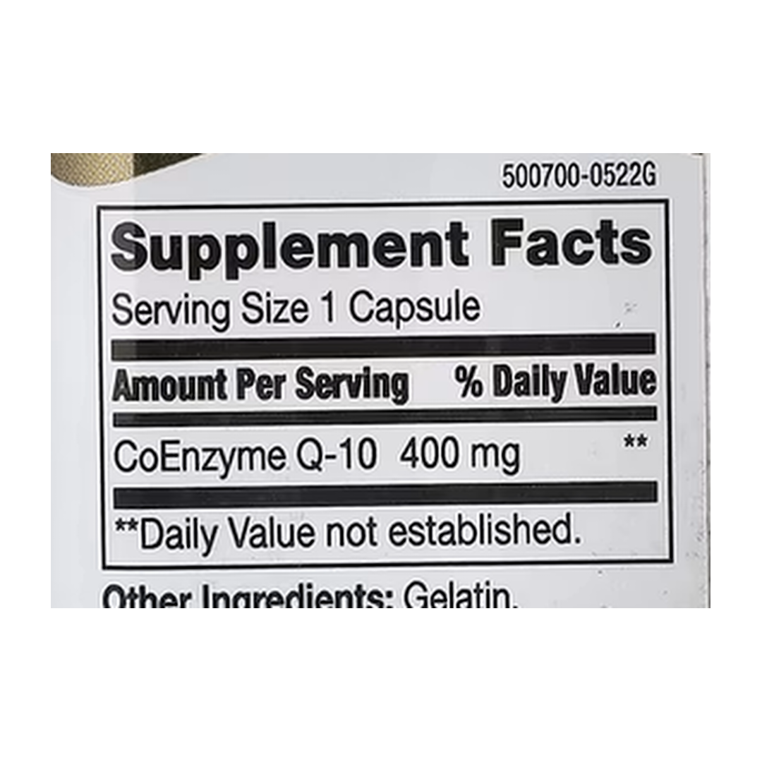 21st Century, Co Q-10, 400 mg, 30 Capsules supplement facts label showing ingredients, vitamins, minerals, and serving information