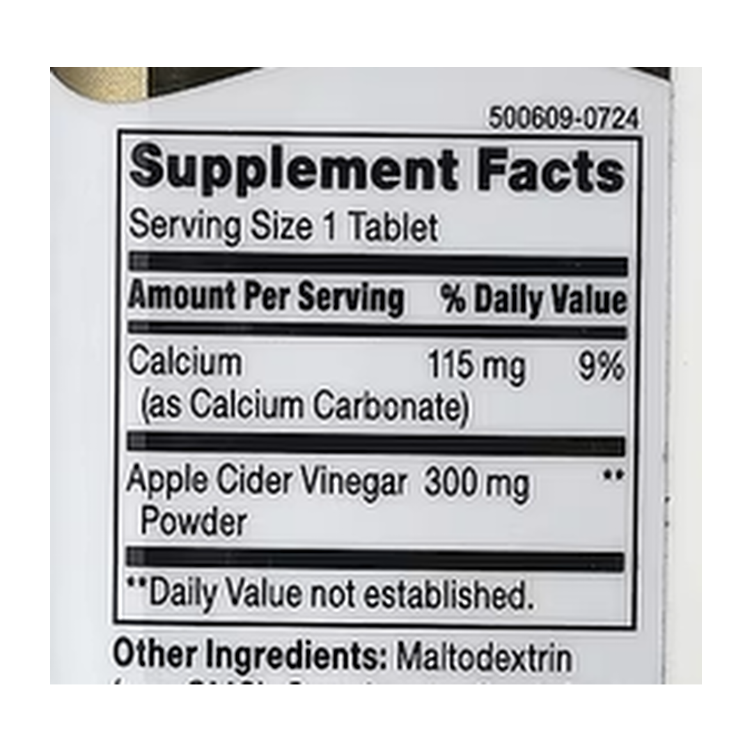 21st Century, Apple Cider Vinegar, 300 mg, 250 Tablets supplement facts label showing ingredients, vitamins, minerals, and serving information