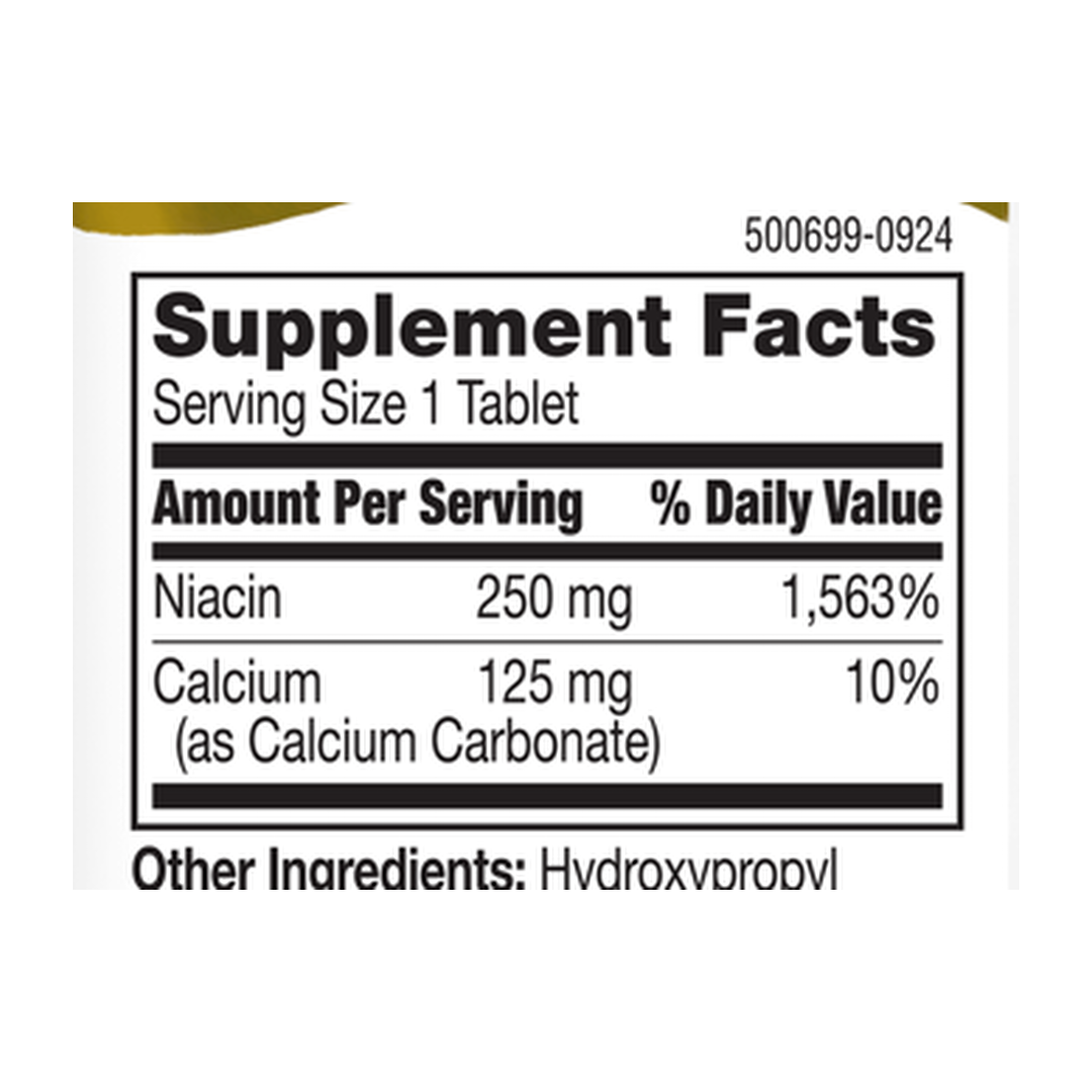 21st Century, Niacin, Prolonged Release, 110 Tablets supplement facts label showing ingredients, vitamins, minerals, and serving information