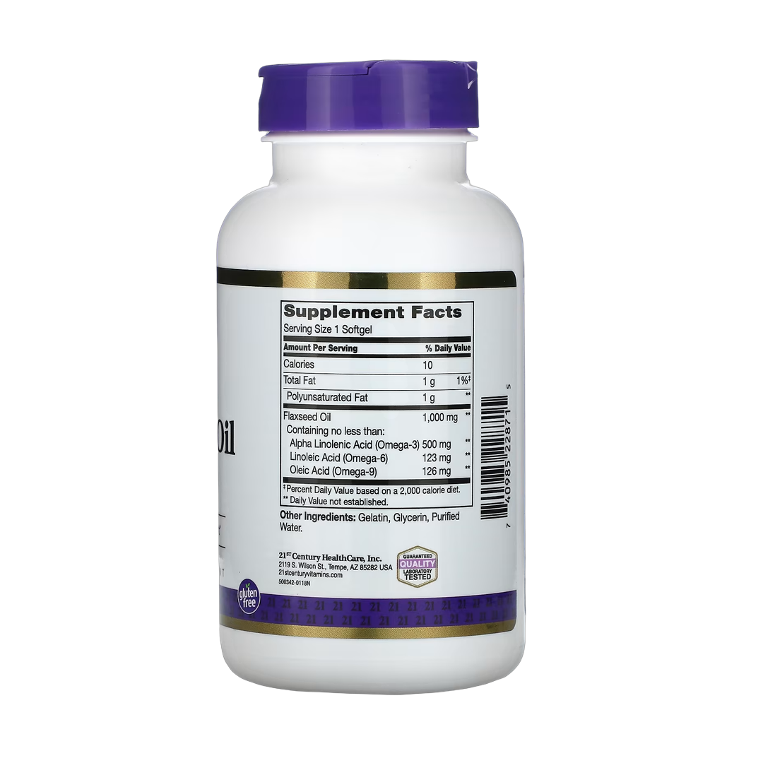 21st Century, Flaxseed Oil, 1,000 mg, 120 Softgels back packaging view