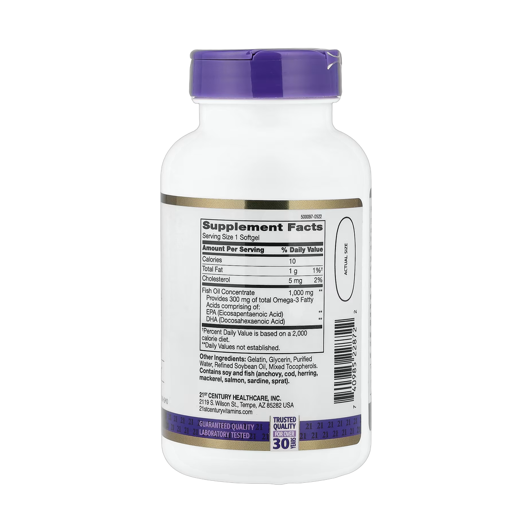 21st Century, Fish Oil, 1,000 mg, 120 Softgels back packaging view