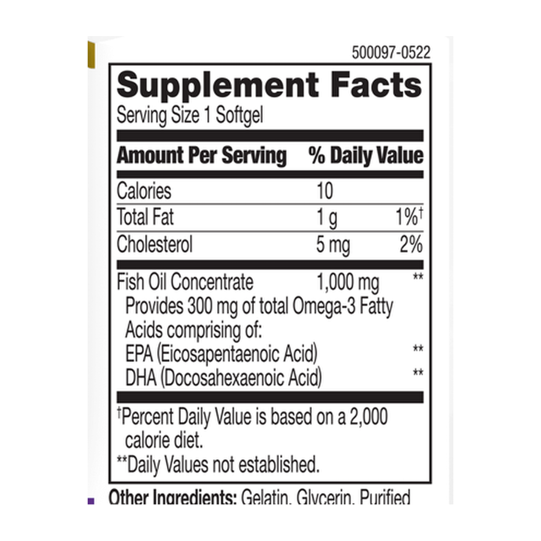 21st Century, Fish Oil, 1,000 mg, 120 Softgels supplement facts label showing ingredients, vitamins, minerals, and serving information