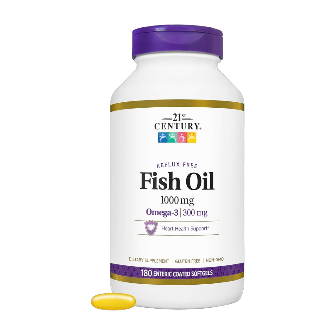 21st Century, Fish Oil, 1000 Mg, Enteric Coated, 180 Softgels front packaging view