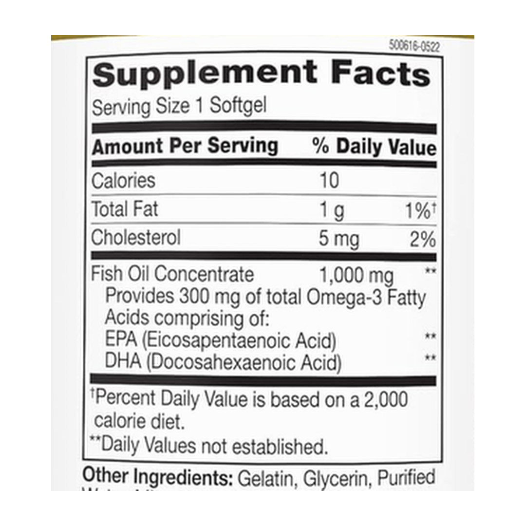 21st Century, Fish Oil, 1000 Mg, Enteric Coated, 180 Softgels supplement facts label showing ingredients, vitamins, minerals, and serving information