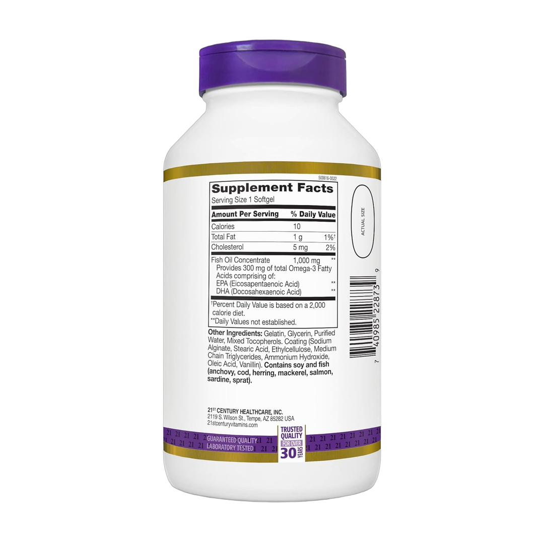 21st Century, Fish Oil, 1000 Mg, Enteric Coated, 180 Softgels back packaging view