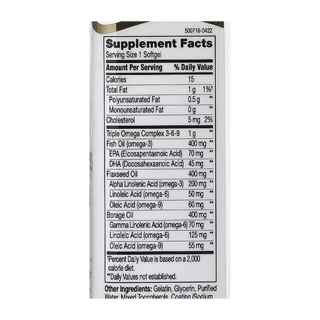 21st Century, Triple Omega Complex 3-6-9, 90 Enteric Coated Softgels supplement facts label showing ingredients, vitamins, minerals, and serving information