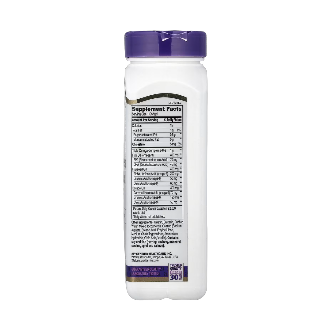 21st Century, Triple Omega Complex 3-6-9, 90 Enteric Coated Softgels back packaging view