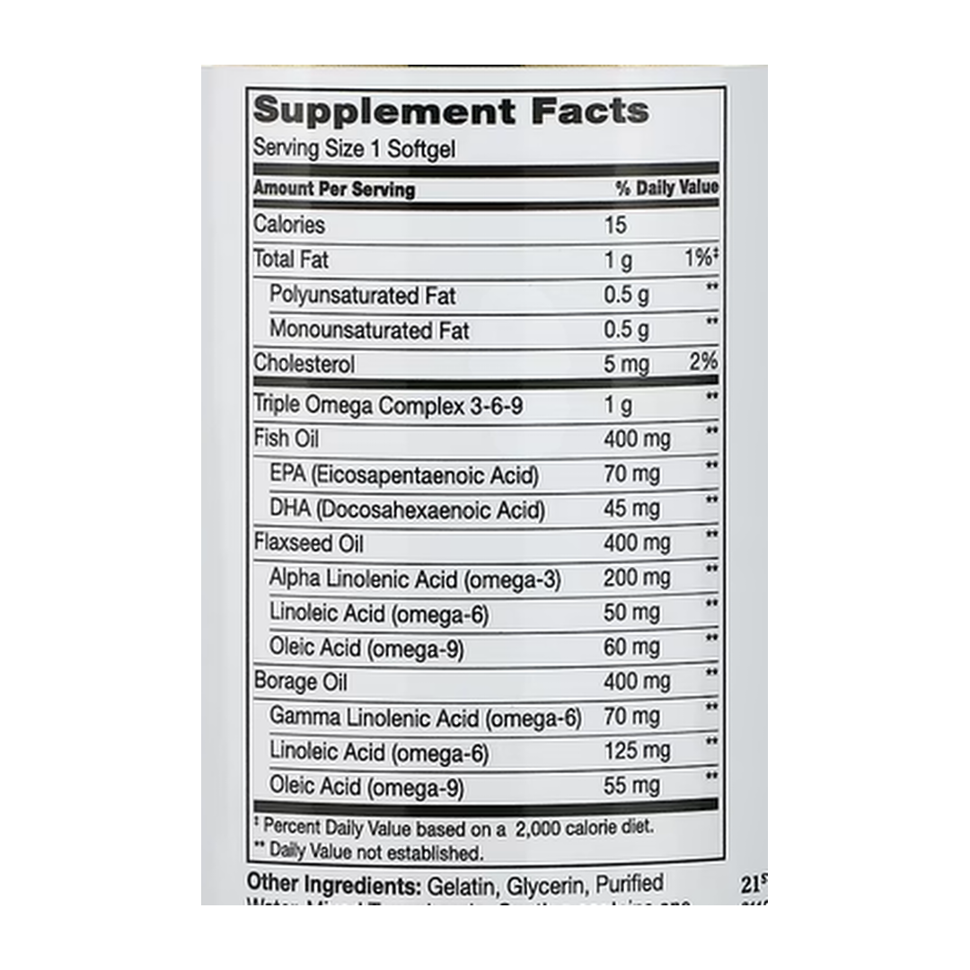 21st Century, Triple Omega Complex 3-6-9, 180 Enteric Coated Softgels supplement facts label showing ingredients, vitamins, minerals, and serving information