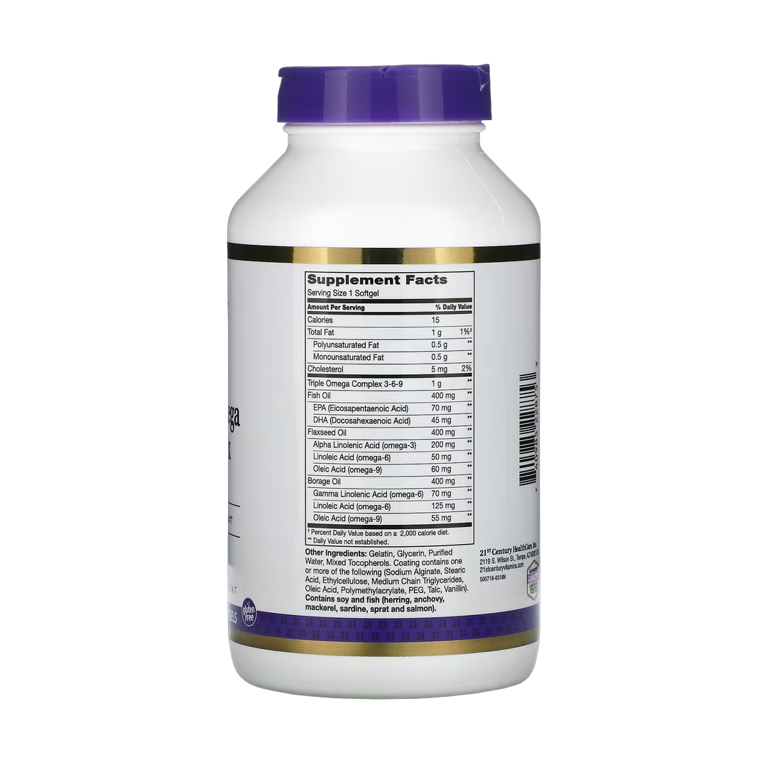 21st Century, Triple Omega Complex 3-6-9, 180 Enteric Coated Softgels back packaging view