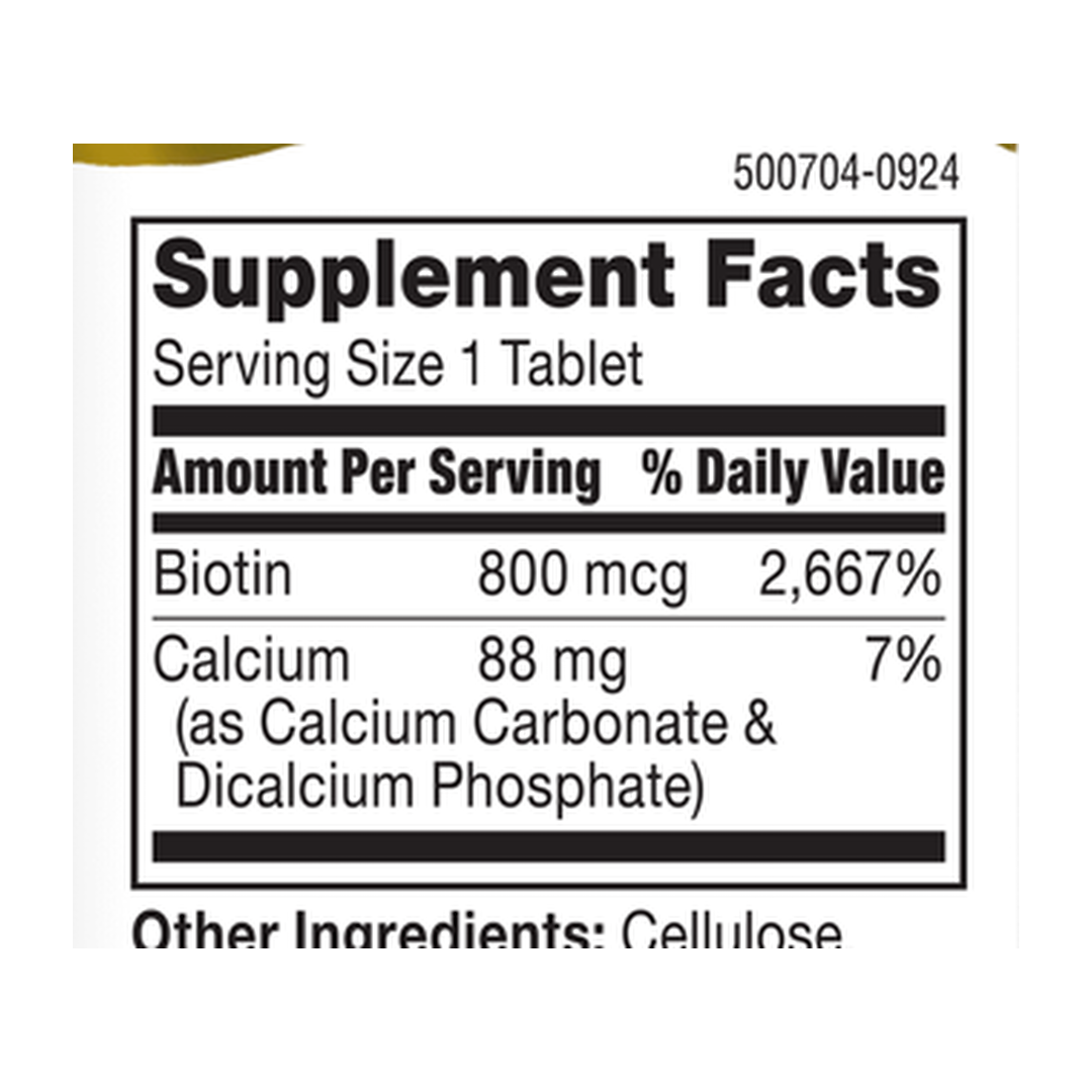 21st Century, Biotin, 110 Easy Swallow Tablets supplement facts label showing ingredients, vitamins, minerals, and serving information