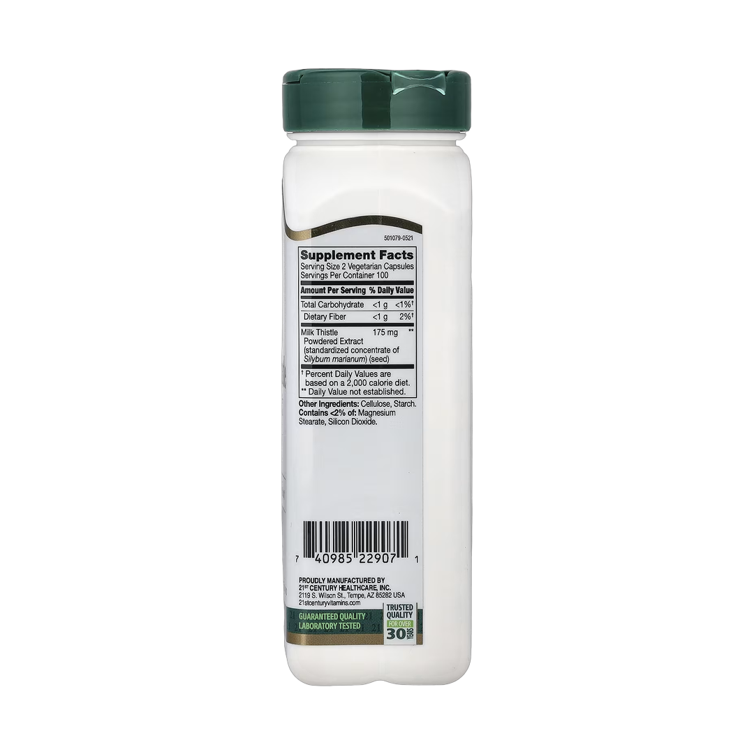 21st Century, Milk Thistle Extract, Standardized , 200 Vegetarian Capsules back packaging view