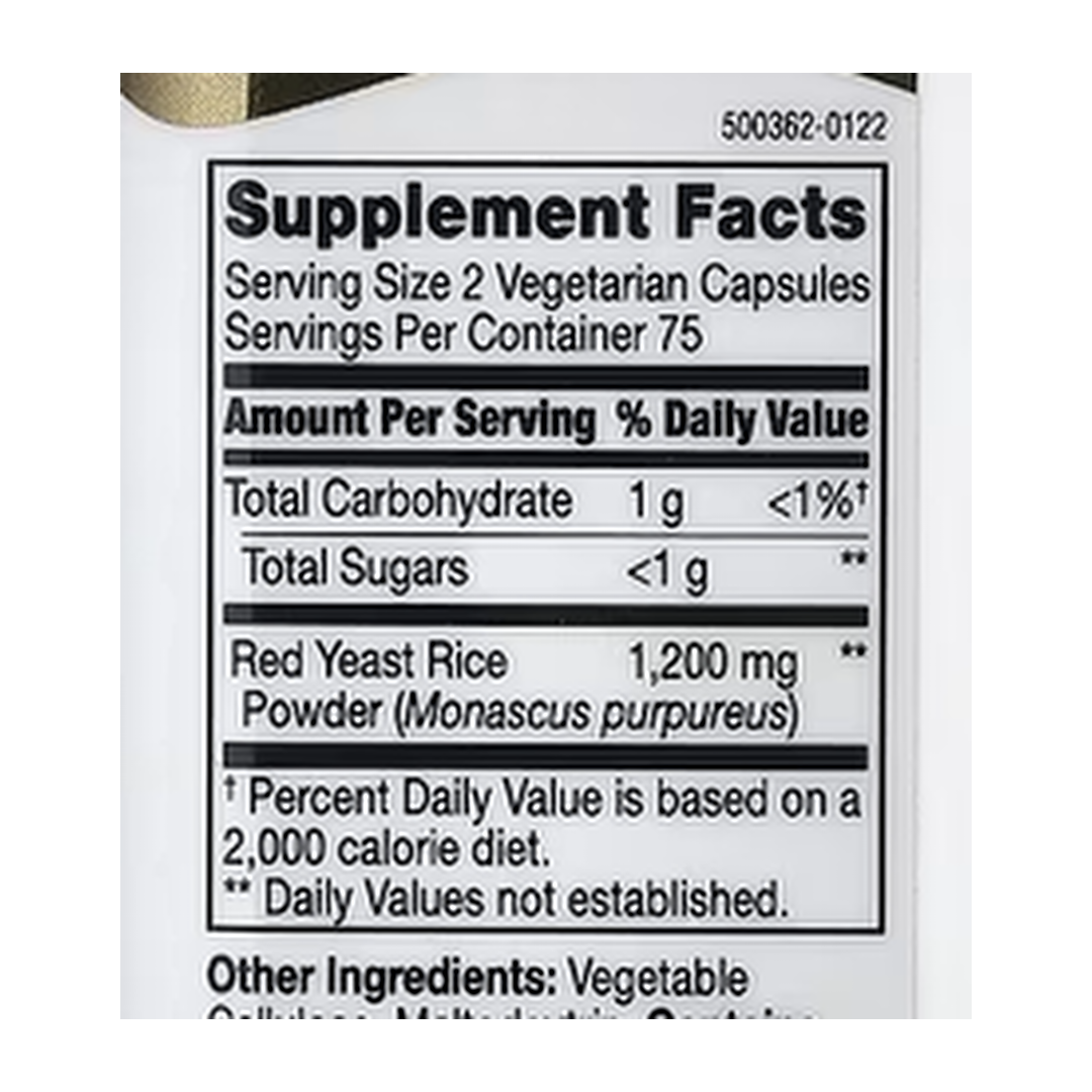 21st Century, Red Yeast Rice, 600 mg, 150 Vegetarian Capsules supplement facts label showing ingredients, vitamins, minerals, and serving information