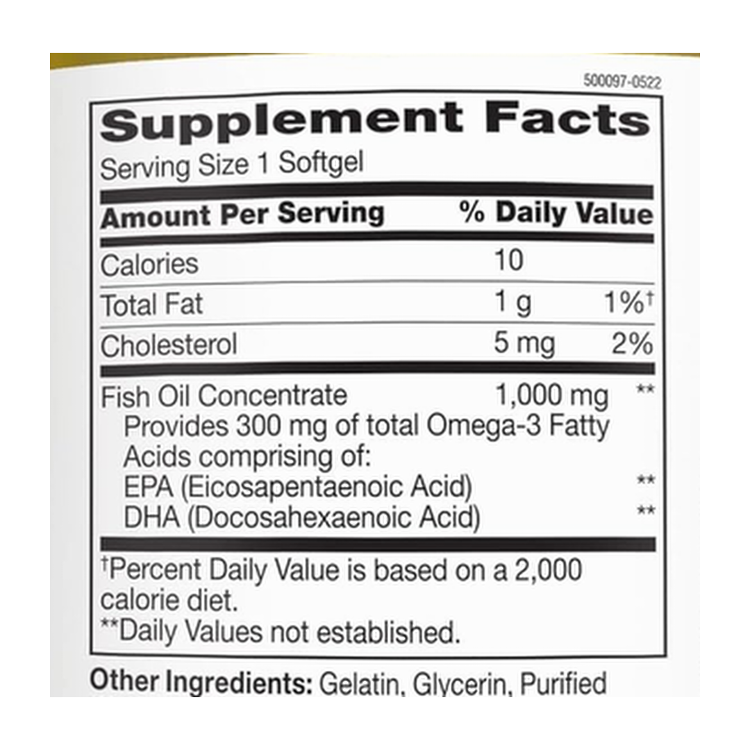 21st Century, Fish Oil,  1000 mg, 300 Softgel supplement facts label showing ingredients, vitamins, minerals, and serving information