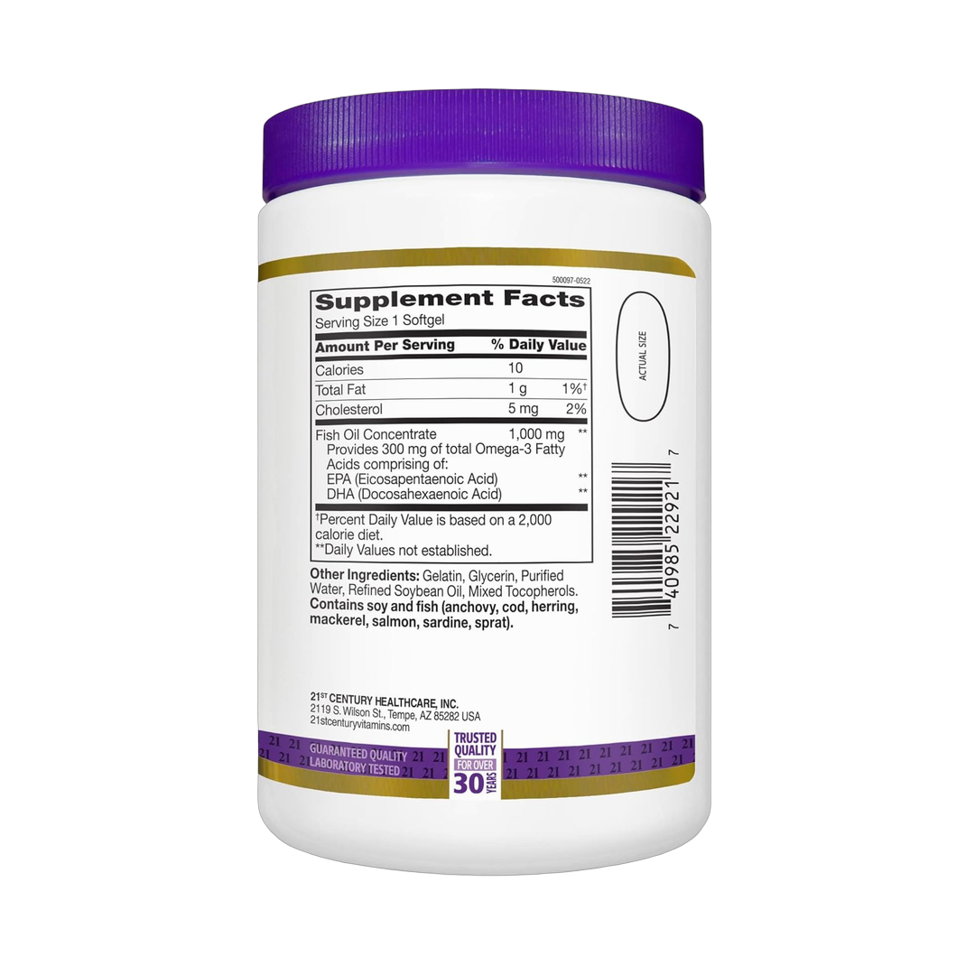 21st Century, Fish Oil, 1000 mg, 300 Softgel back packaging view