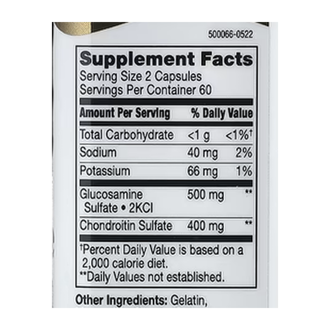 21st Century, Glucosamine Chondroitin, 250 mg/200 mg, 120 Easy To Swallow Capsules supplement facts label showing ingredients, vitamins, minerals, and serving information