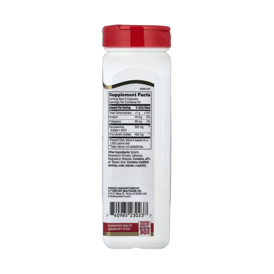 21st Century, Glucosamine Chondroitin, 250 mg/200 mg, 120 Easy To Swallow Capsules back packaging view