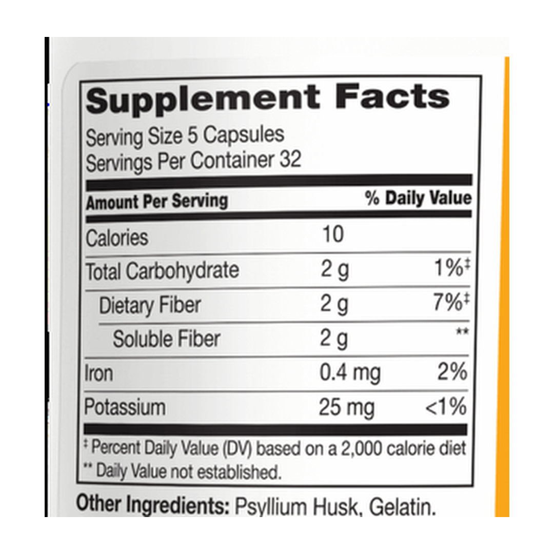 21st Century, Psyllium Fiber, 160 Capsules supplement facts label showing ingredients, vitamins, minerals, and serving information