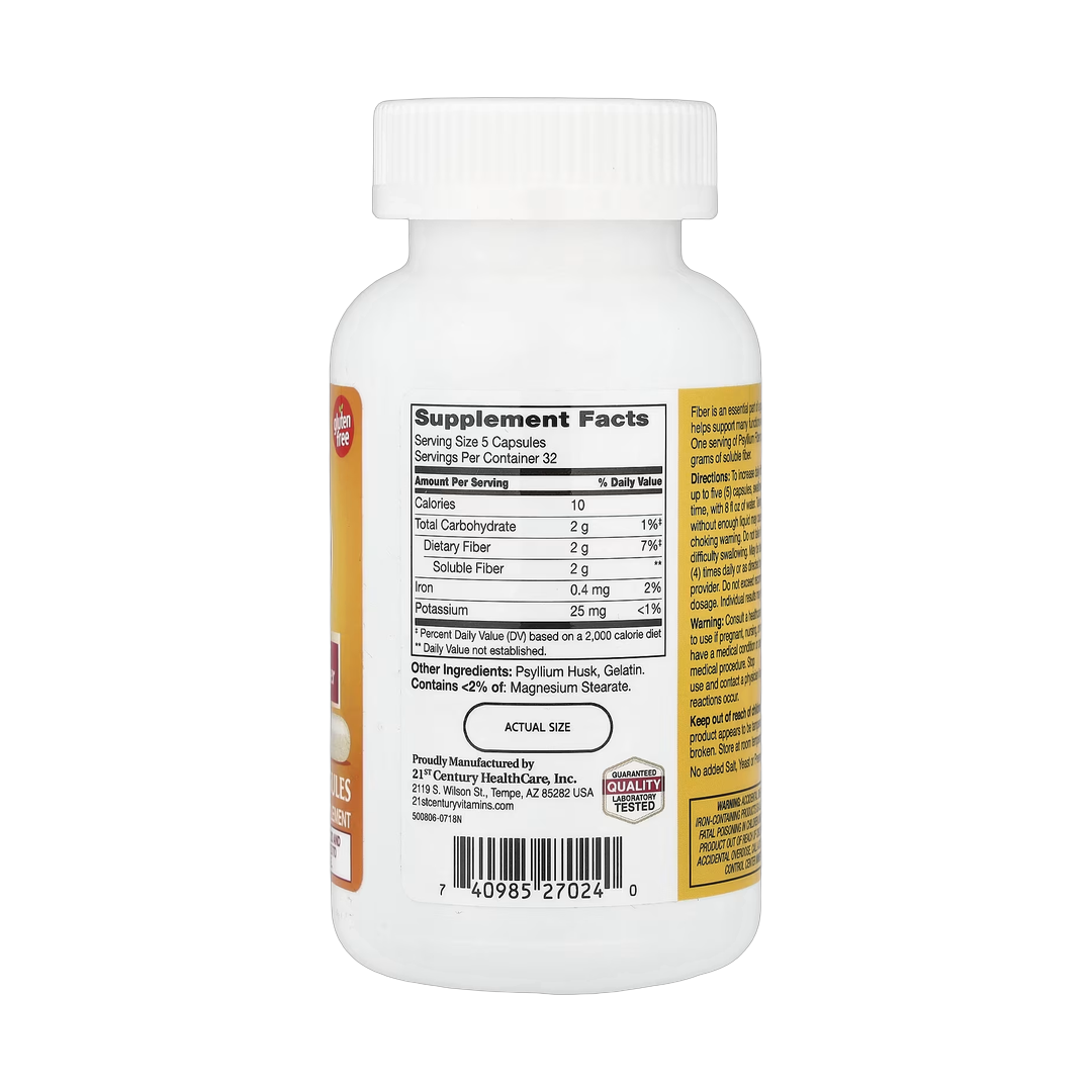 21st Century, Psyllium Fiber, 160 Capsules back packaging view