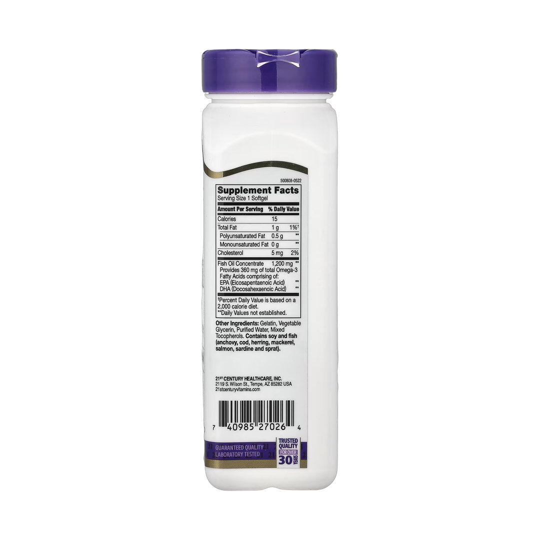 21st Century, Fish Oil, 1,200 mg, 90 Softgels back packaging view