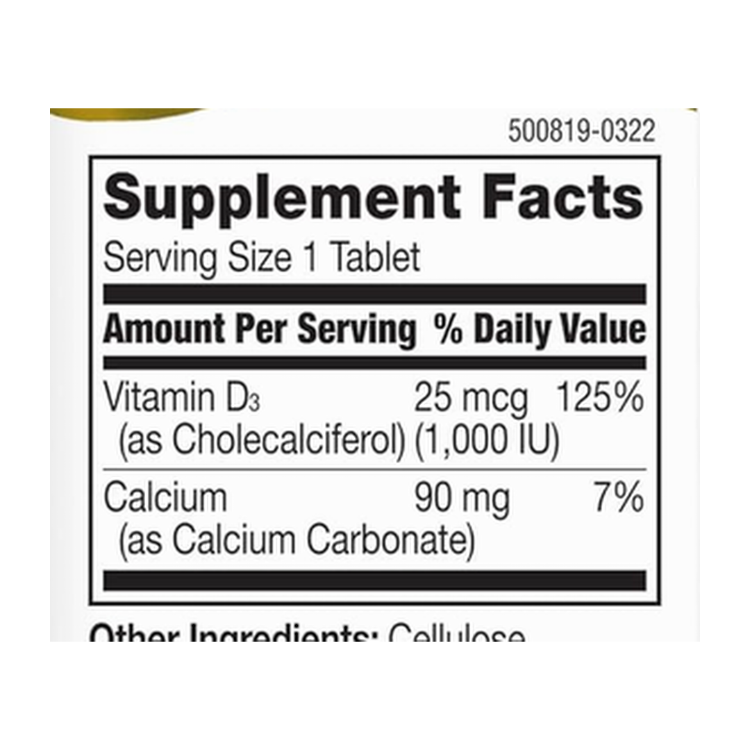 21st Century Vitamin D, 1000iu, 110 Tablets supplement facts label showing ingredients, vitamins, minerals, and serving information