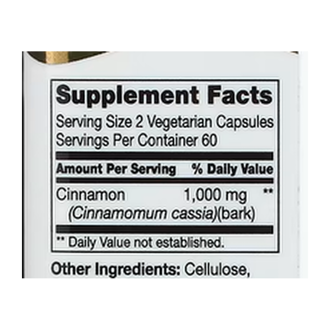 21st Century, Cinnamon, 120 Vegetarian Capsules supplement facts label showing ingredients, vitamins, minerals, and serving information