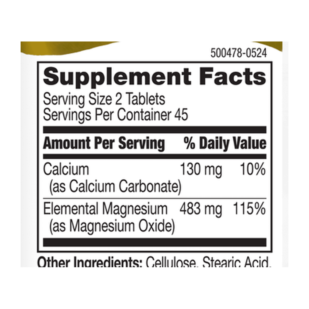 21st Century, MgO-400, 90 Tablets supplement facts label showing ingredients, vitamins, minerals, and serving information
