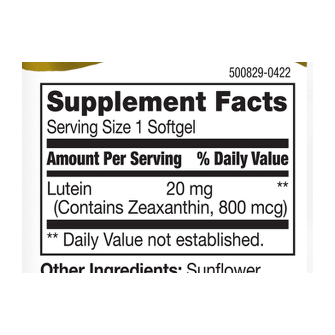 21st Century, Lutein, 20 mg, 60 Softgels supplement facts label showing ingredients, vitamins, minerals, and serving information