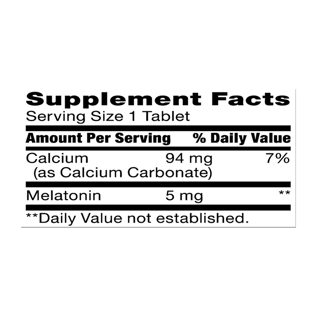 21st Century, Melatonin, 5 mg, 120 Tablets supplement facts label showing ingredients, vitamins, minerals, and serving information