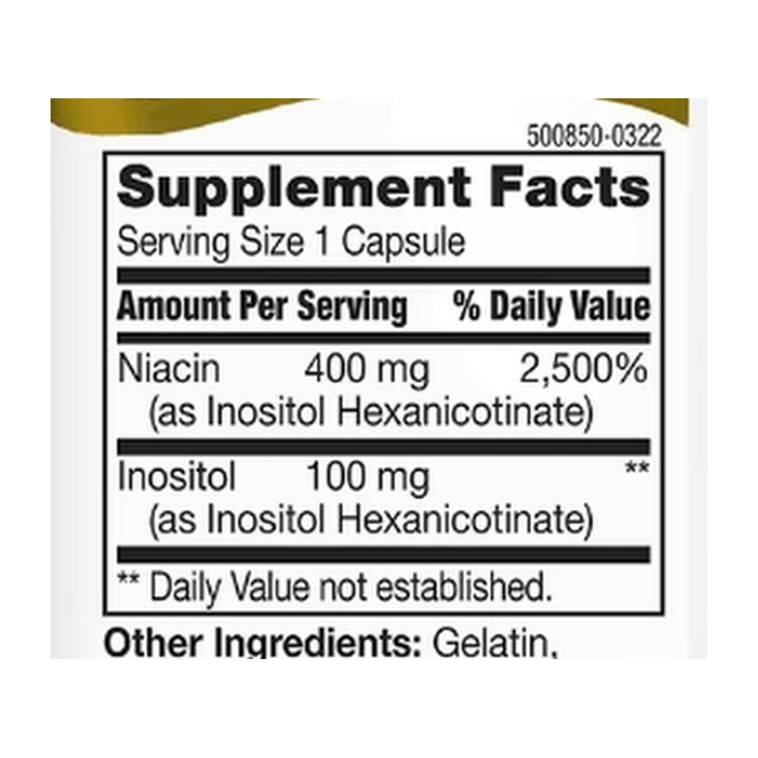 21st Century, Niacin, Inositol Hexanicotinate, 500 Mg, Capsules supplement facts label showing ingredients, vitamins, minerals, and serving information