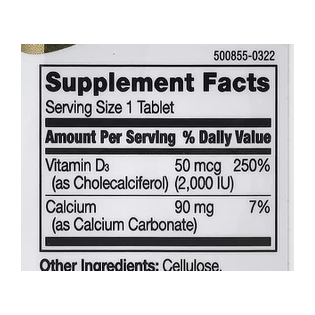 21st Century, Vitamin D3, 50 mcg (2,000 IU), 110 Tablets supplement facts label showing ingredients, vitamins, minerals, and serving information