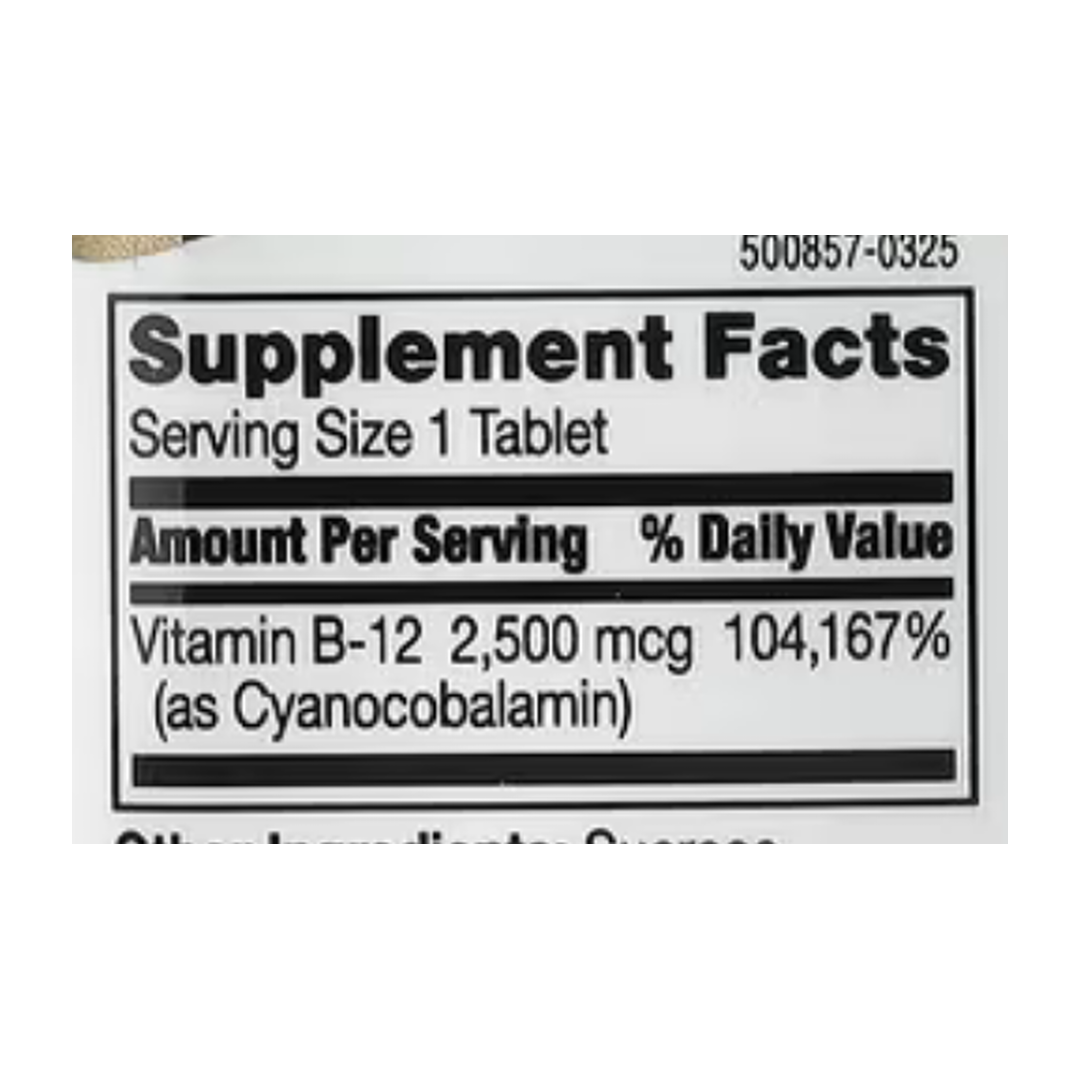 21st Century, Vitamin B-12, Cherry, 2,500 mcg, 110 Tablets supplement facts label showing ingredients, vitamins, minerals, and serving information